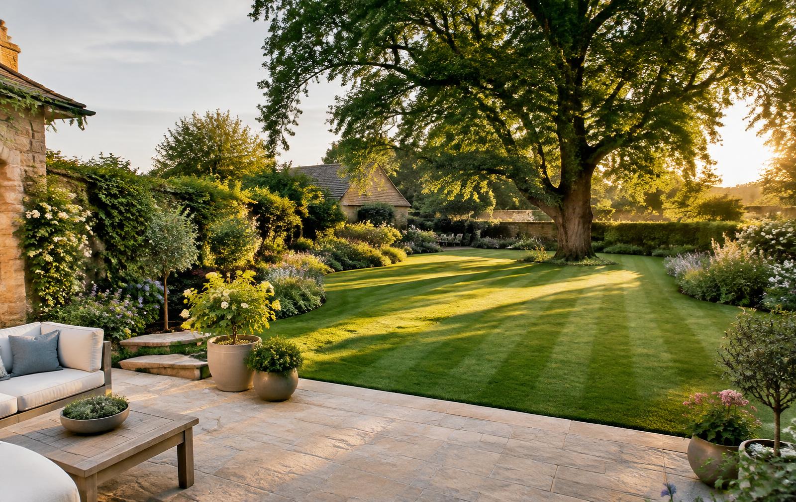 Landscaped garden with patio and striped lawn