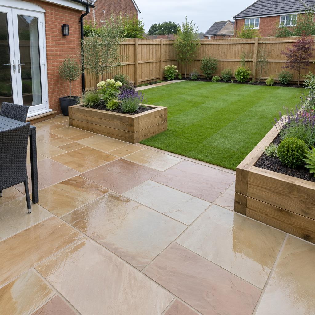 Sandstone patio & planters